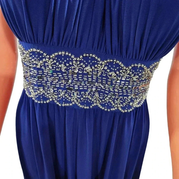 Royal Blue Sleeveless Evening Gown with Embellished Waist and Keyhole Neckline - Picture 3 of 11